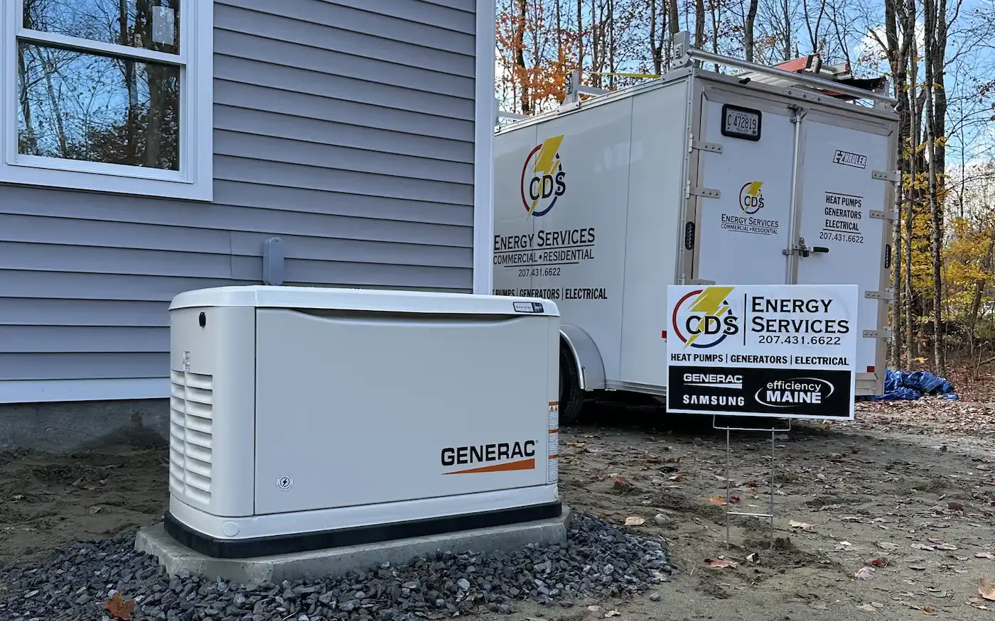 Generac standby generator installed beside a Maine home